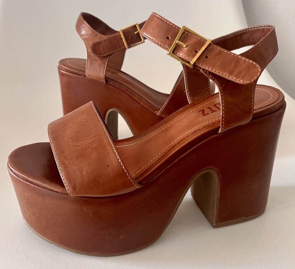 Schutz Tuke Platform Sandals Womens US 5.5 Cognac Brown Leather Chunky Heel NWOB